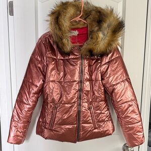 Shiny Pink Women's Puffer Jacket with Faux Fur Trim